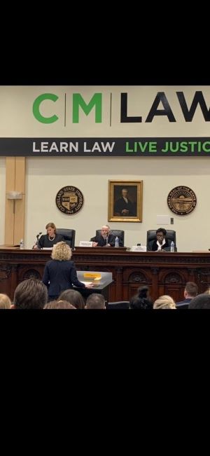 Photo of Judge Michelle Sheehan, Justice Michael Donnelly, and Judge Patricia Blackmon presiding at Moot Court Night