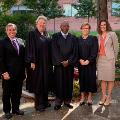 The court held oral arguments at CWRU School of Law on October 3, 2019.  Pictured above from left to right: Co-Dean Michael Scharf, Judge Eileen A. Gallagher, Judge Larry A. Jones, Judge Kathleen A. Keough, and Co-Dean Jessica Berg. 