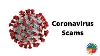 Photo of a COVID virus, with the words Coronavirus Scams
