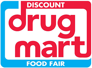 Drug Mart red words drug mart with blue around it