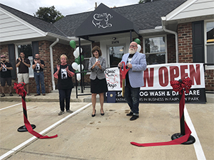 Gone to the Dogs Mayor of Fairview Park, Ohio Eileen Patton and owners of Gone to the Dogs, Jeffrey Grano and Jan Gilson at the Gone to the Dogs ribbon cutting