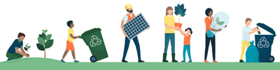 Illustration of people performing various sustainable actions.