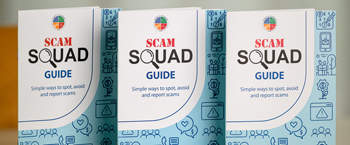 Three SCAM Squad Guide brochures lined up.