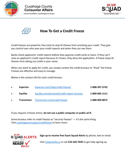 Document describing details on credit freeze tip sheet.