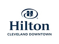 graphic of the letter H with a blue swirl around it and under it is the word Hilton
