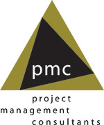 a green and black triangle with the letters p m c in white in the middle