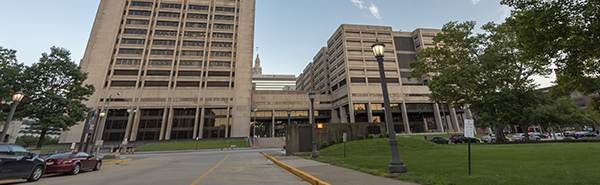 Justice Center Building Street level view outside of a downtown office building complex.