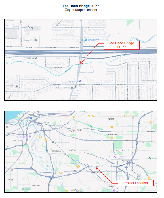 Maps of Maple Heights with arrows showing where the construction work will take place.