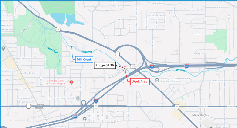A map illustration of the location of the bridge work near Mill Creek.