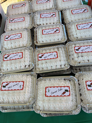 A bunch of boxes of carrot cake packaged to sell.