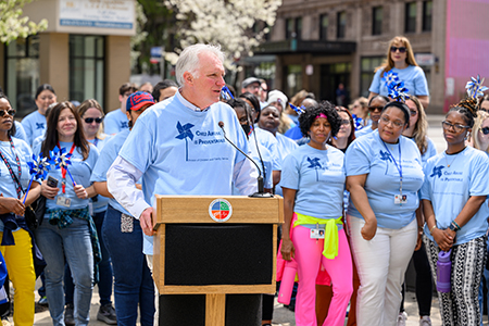 Cuyahoga County Executive Chris Ronayne and County employees at a “Child Abuse is Preventable” walk in 2025.