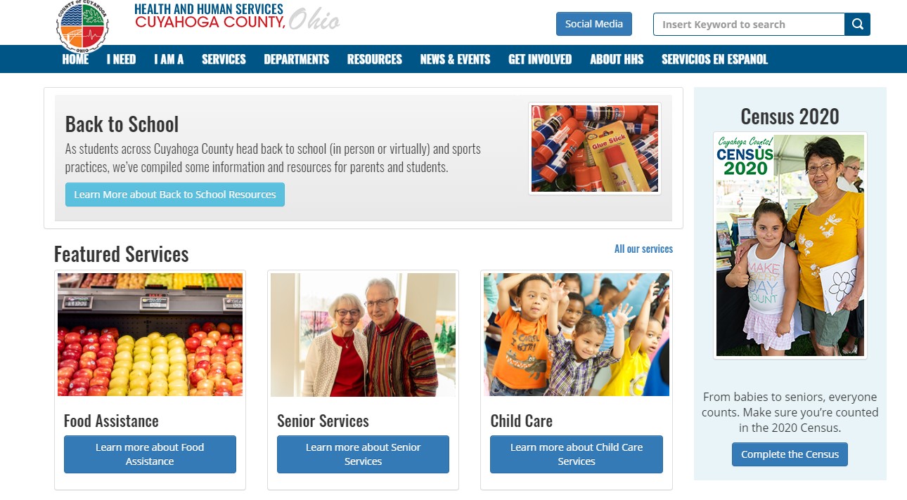 Screenshot of the new HHS website, with text and modules and pictures to view