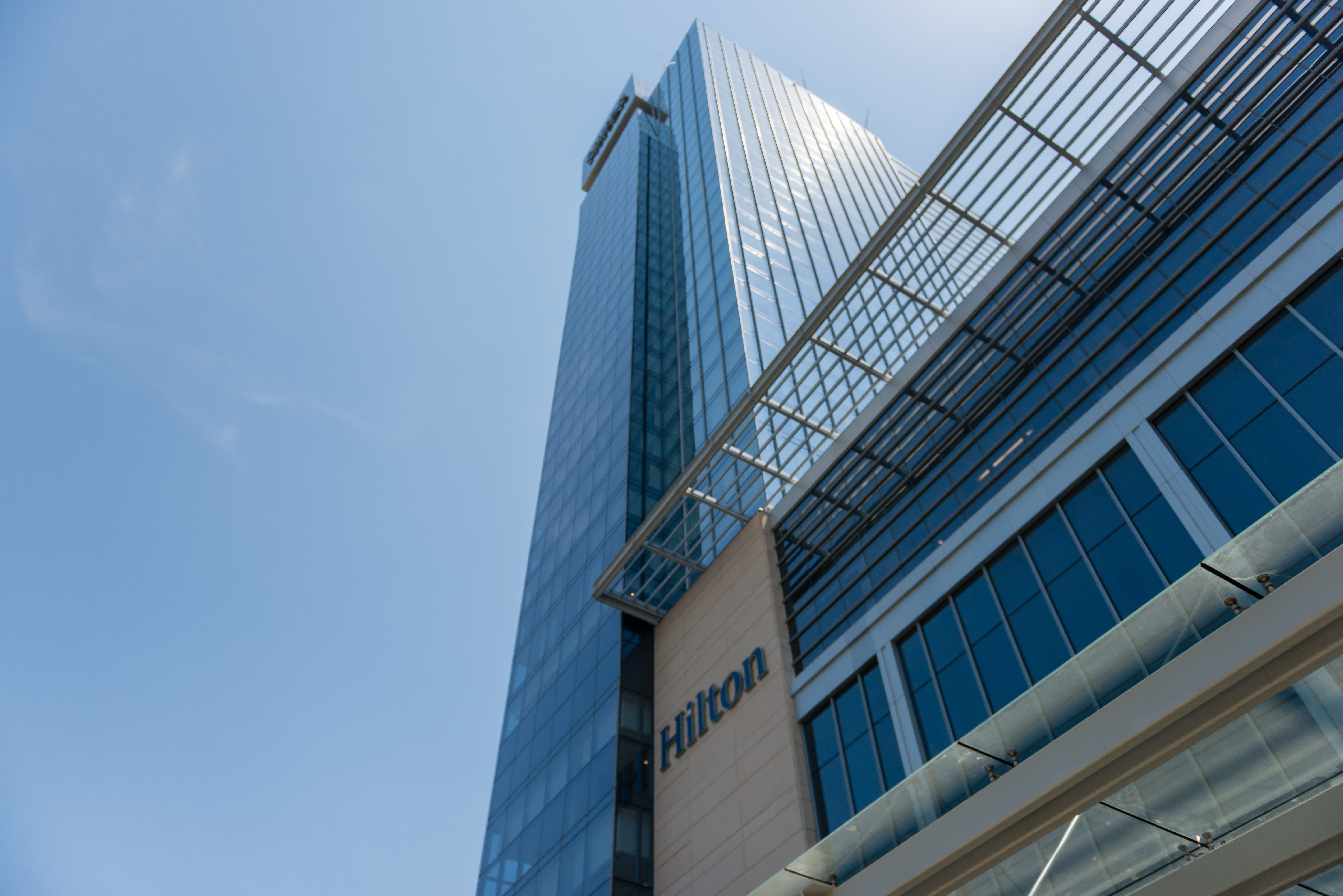 The Hilton Downtown Cleveland as seen from the ground.