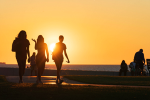 People walking on a beach toward water in silhouette while the sun sets.