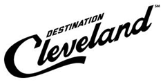 black words in a slant that reads Destination Cleveland
