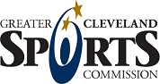 blue graphic of person with gold stars with Greater Cleveland Sports Commission in black