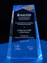 The Glass Award presented to the Cuyahoga County Office of Small Business in recognition of receiving the 2025 Excellence in Economic Development Award from the National Association of County Economic Development.