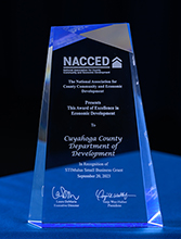 The Glass Award presented to the Cuyahoga County Small Business STIMulus Grant Program in recognition of receiving the 2023 Excellence in Economic Development Award from the National Association of County Economic Development.