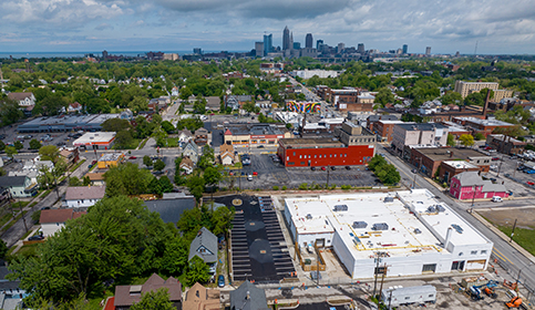 Site Selector Arial view of Cuyahoga County with downtown Cleveland skyline in the background