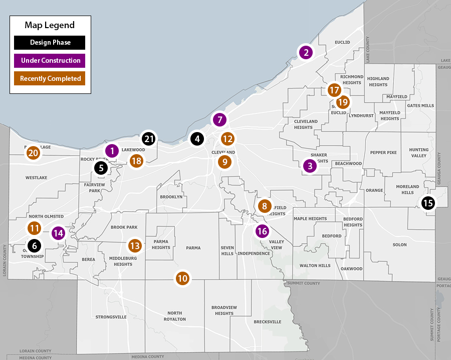 map of Cuyahoga County with points indicating projects