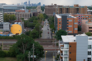 Aerial view of buildings in Little Italy neighborhood