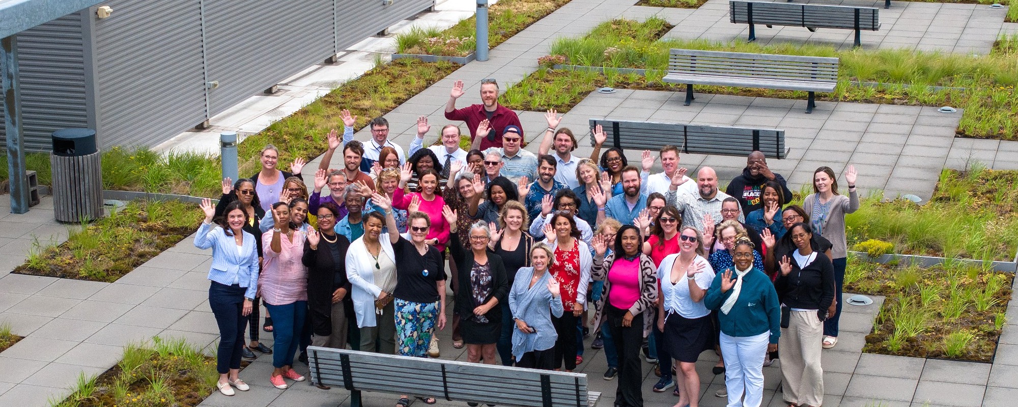 Cuyahoga County Human Resources employees gathered in the rooftop garden