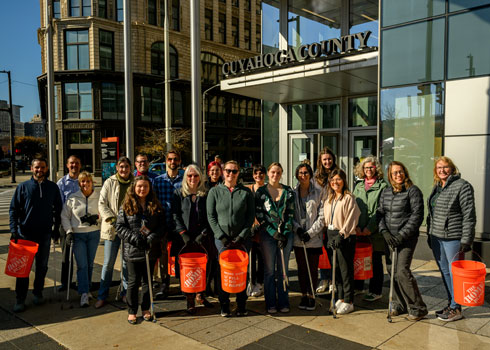 Group of Cuyahoga County employees volunteering to clean up litter and trash around the county.