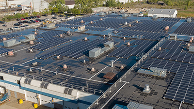 Solar panels on the roof of Harvard Garage.