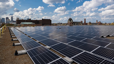 Solar panels on the roof of the Jane Edna Hunter Building.