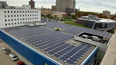 Solar panels on the roof of the Medical Examiner building.