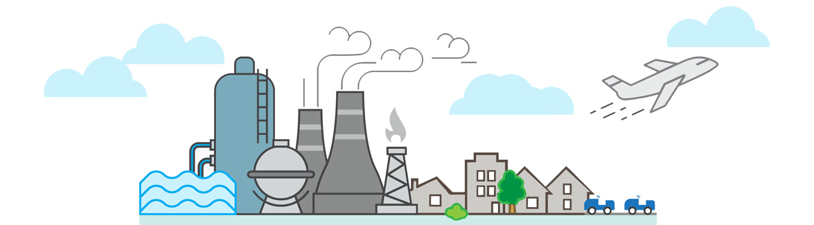 Climate Change icon graphics showing city and industrial landscape.