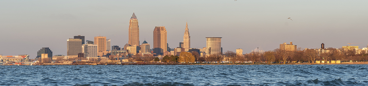Photo of Lake Erie with downtown Cleveland in the background.