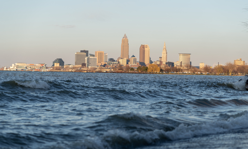 Photo of Lake Erie with downtown Cleveland in the background.