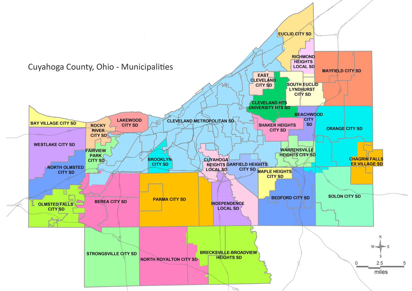 A colorful map of Cuyahoga County Ohio showing the municipalities borders.