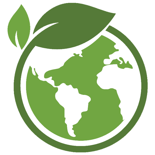 A green illustrated map of the planet with a leaf on top.
