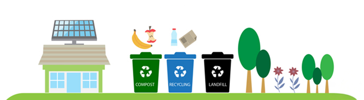 Sustainability graphic of solar panel and recycling bins.