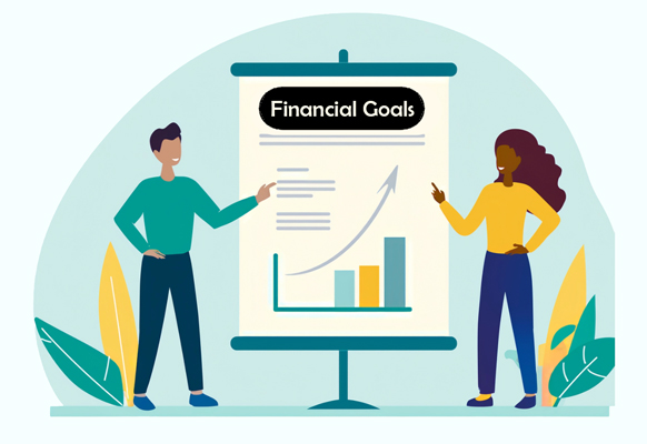 Illustration of a man and woman pointing to a financial goals graph.