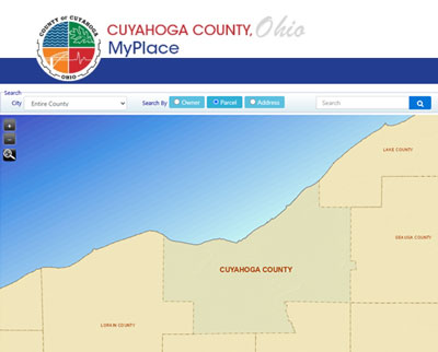 A screen shot of the MyPlace website and an outline of Cuyahoga County.