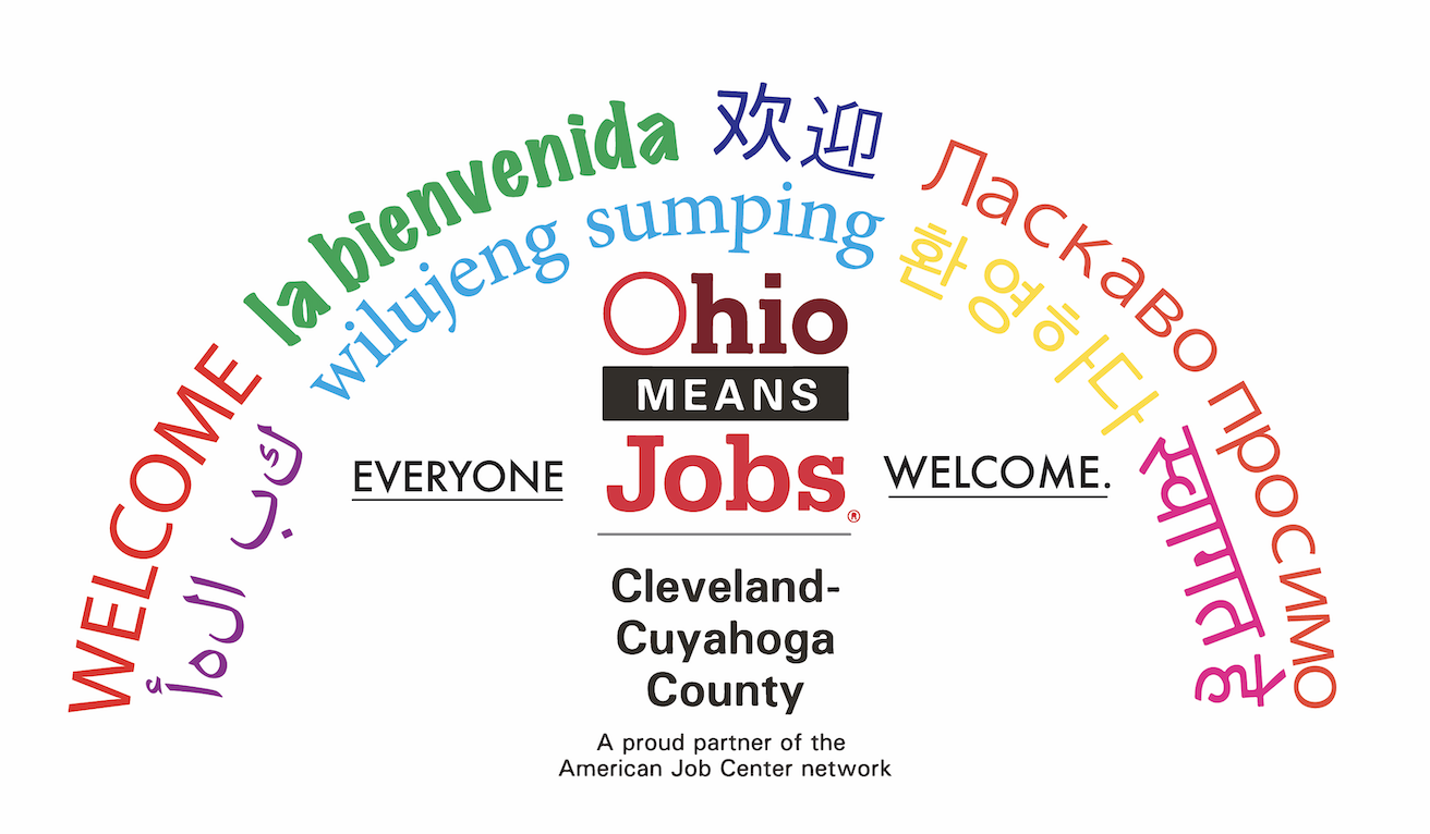 Welcome Image in different languages with Ohio Means Jobs logo inside